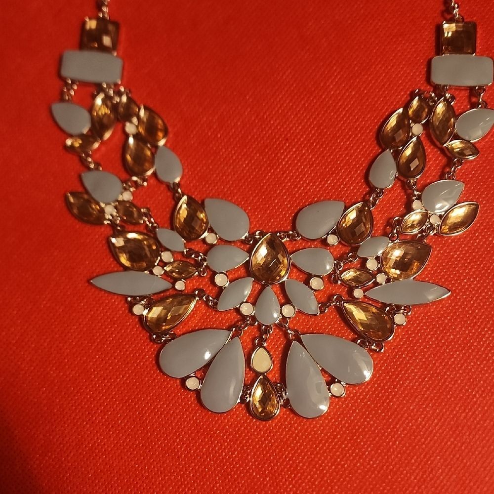 Elegant Silver Toned Gold and Gray Statement Necklace